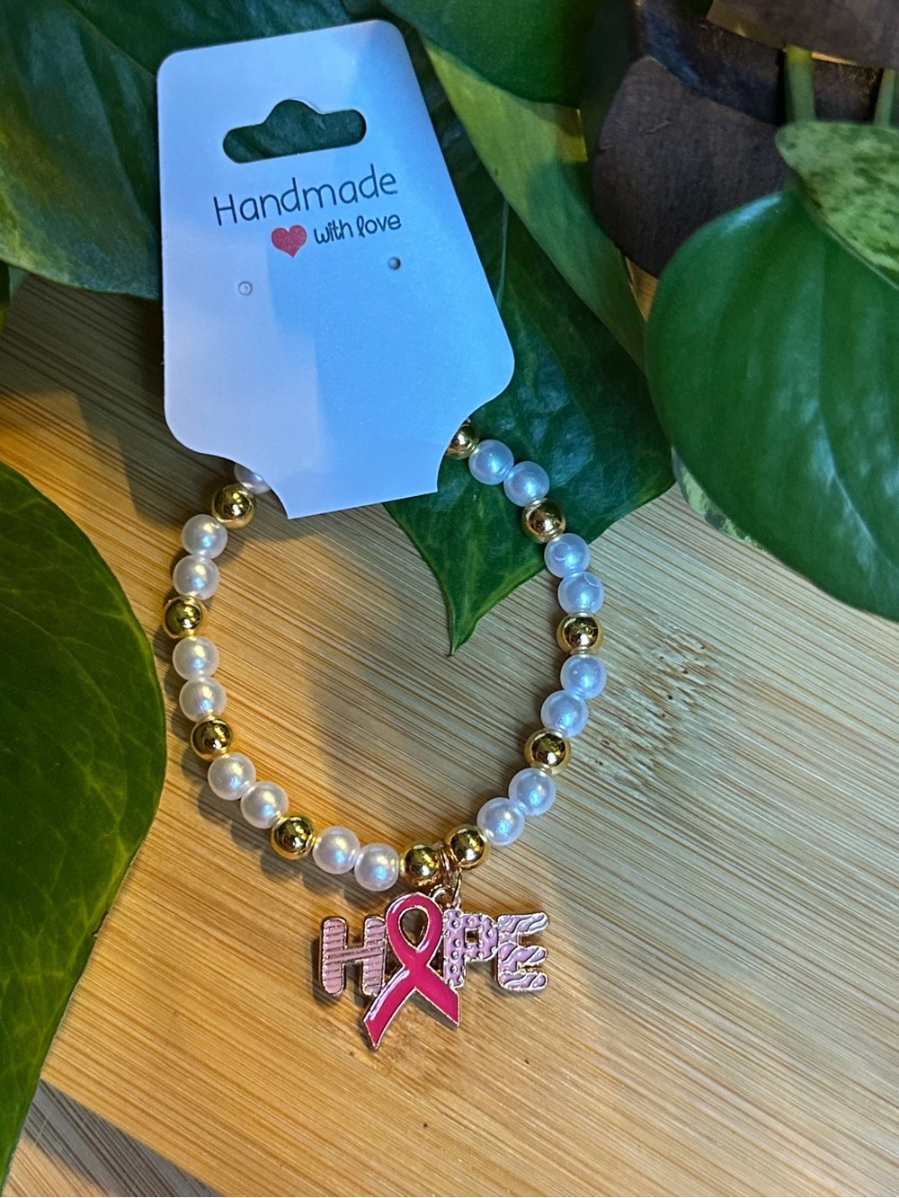 🎀 Breast Cancer Awareness Stretchy Beaded Bracelet | Handmade | Dangle Charm 🎀
